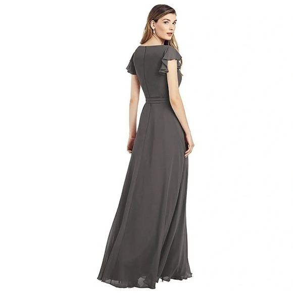 AFTER SIX • NWT FLUTTER SLEEVE FAUX WRAP CHIFFON DRESS IN CAVIAR GRAY - Picture 2 of 9